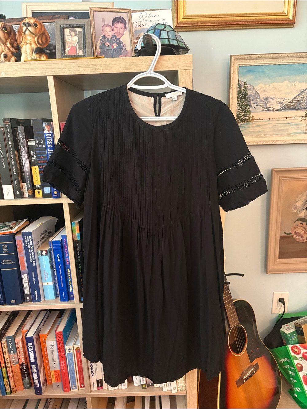 Wilfred Black Mini Dress with Lace-Trim Sleeves
